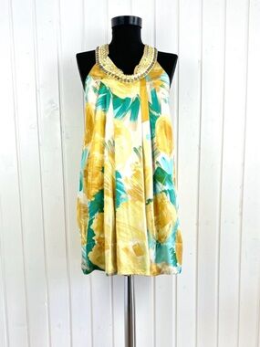 100% silk Beaded Halter Dress - Yellow, Teal, Cream